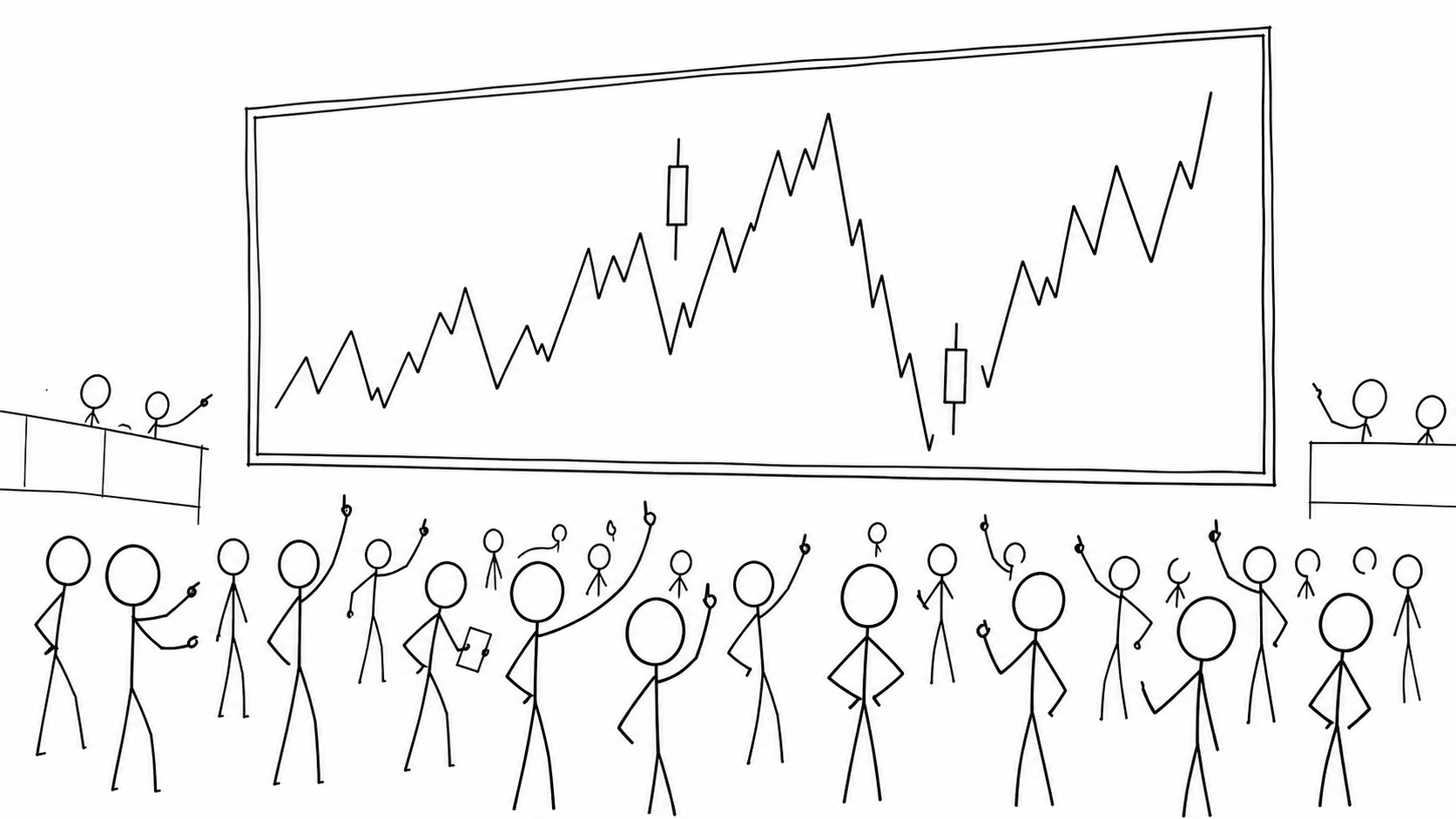 Stick-figure drawing of a stock exchange trading floor, traders looking up at a big board with a zigzag price chart